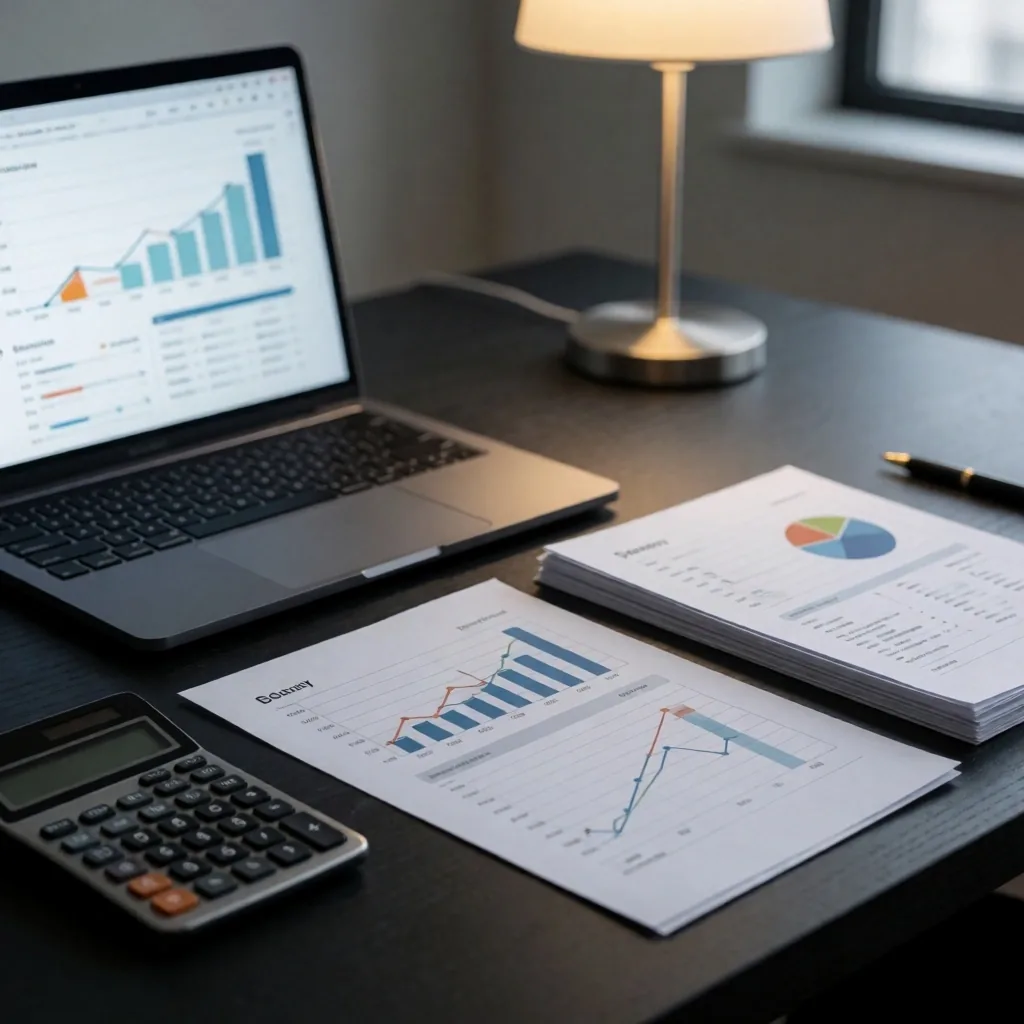 Escritorio de contabilidad con planilla electrónica y reportes impresos