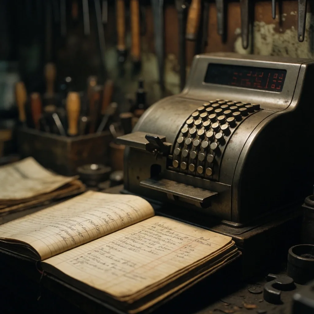 Workbench with ledger papers and cash register in a workshop