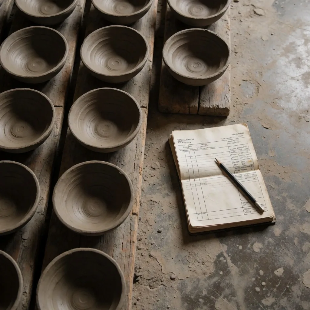 Workshop floor with clay pieces drying and invoice book