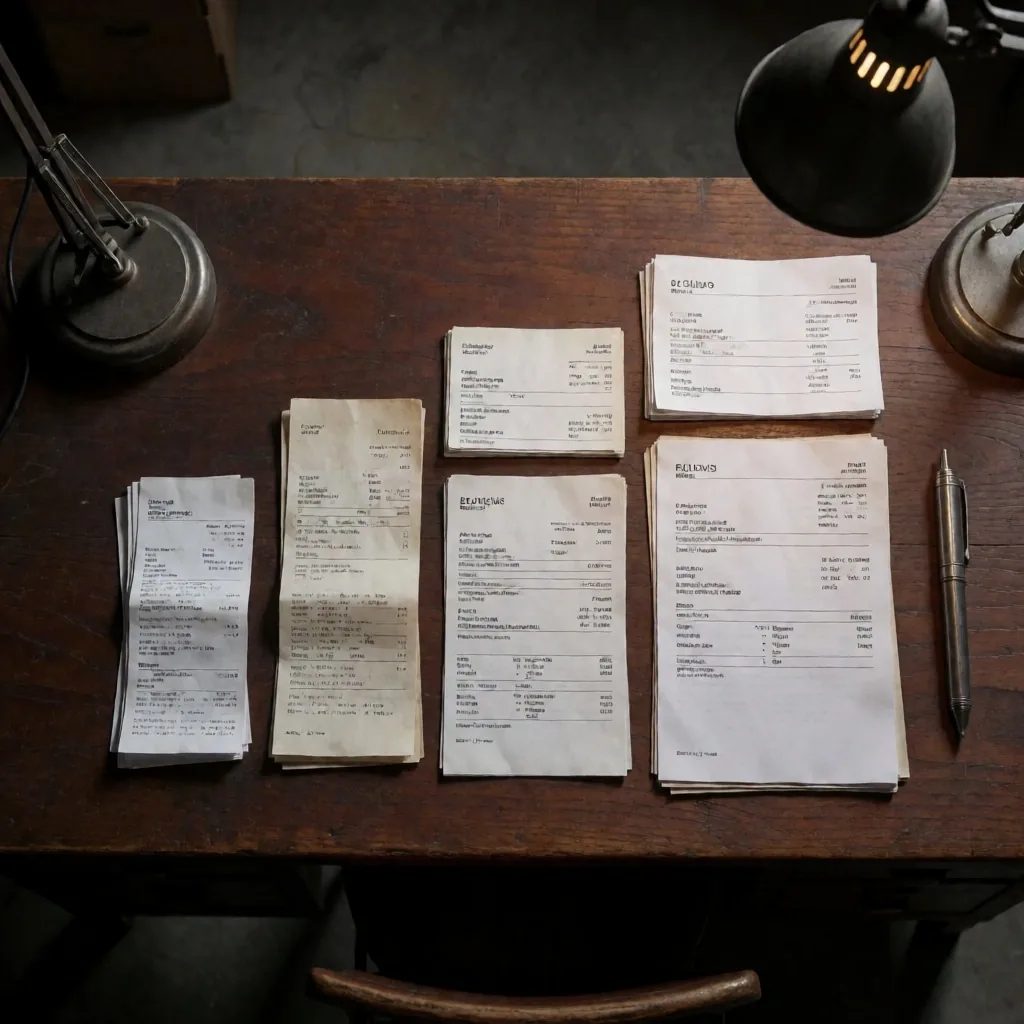Facturas y recibos organizados sobre un escritorio