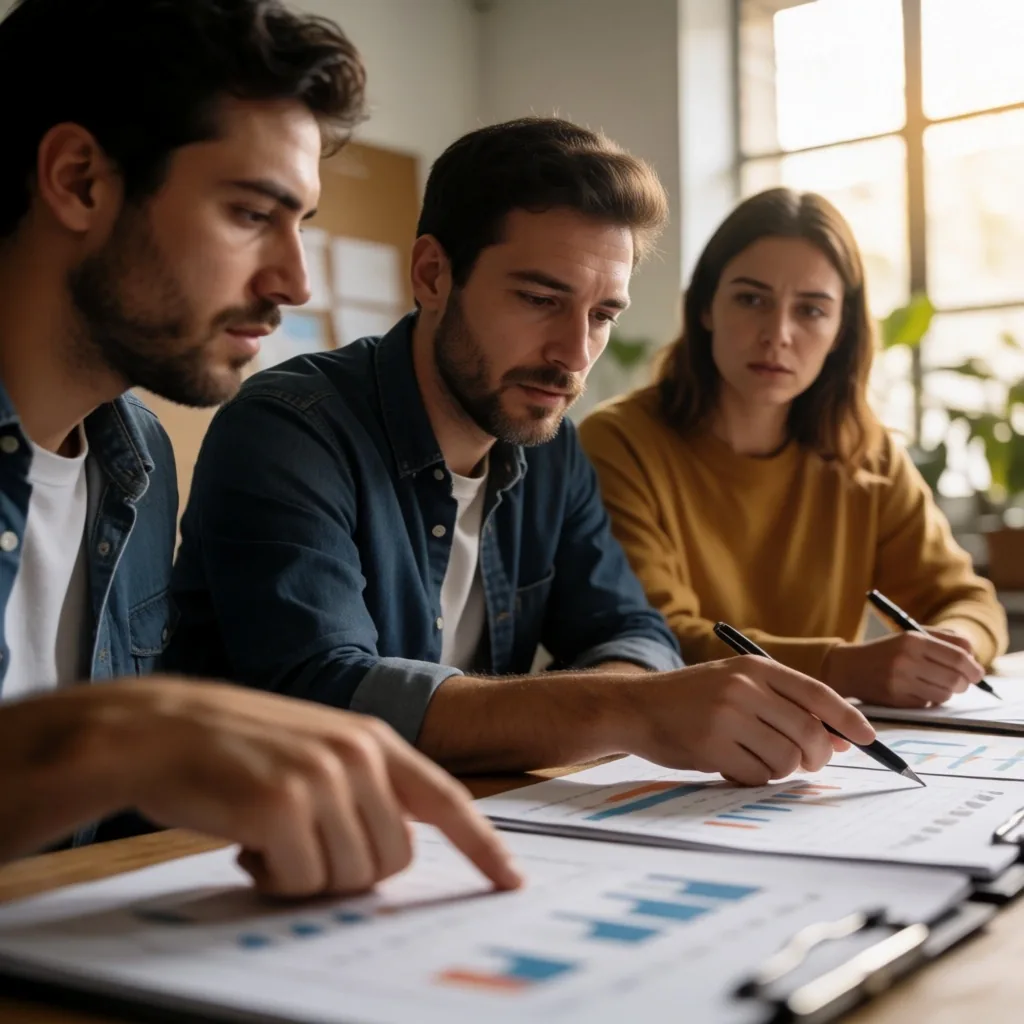Equipo editorial revisando documentos financieros en una oficina en Buenos Aires